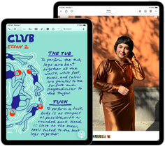 Twee iPad Air-modellen, formaten: 11-inch en 13-inch, op het 11-inch model is kleurige tekst te zien in de Notities-app, op het 13-inch model staat een foto van een persoon in de Foto’s-app