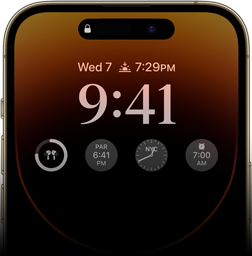 De voorkant van iPhone 14 Pro en het always‑on display met daarop onder andere de tijd, de datum en vier widgets.