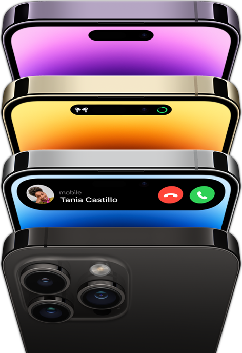 iPhone 14 Pro in vier verschillende kleuren: spacezwart, blauw, goud en dieppaars. Van één model is alleen de achterkant te zien en van de andere drie de voorkant.