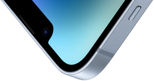 Linkerbovenhoek van een iPhone 14 met Ceramic Shield aan de voorkant.