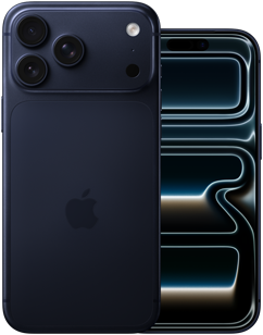 Naast elkaar, iPhone 17 Pro Max, achterkant, Pro-camerasysteem, 3 lenzen, microfoon, flitser, in de kleur Diepblauw, iPhone 17 Pro, voorkant met all-screendesign, in de kleur Diepblauw