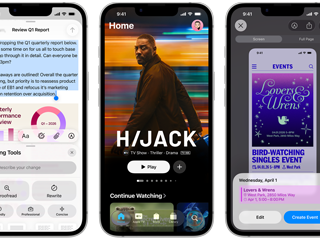 iPhone 17e-devices naast elkaar met verschillende schermen: een game die wordt gespeeld, Schrijfhulp, Apple TV-app, een agenda-activiteit wordt aangemaakt, een Genmoji wordt gemaakt