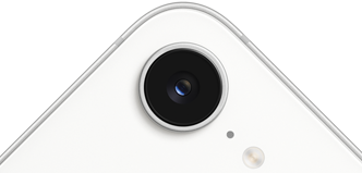 iPhone 17e, deel van achterkant, kleur wit, Fusion-camera aan de bovenkant