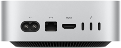 Achteraanzicht van zilverkleurige Mac mini met de poorten aan de achterkant: één HDMI-poort, één ethernetpoort, drie Thunderbolt-poorten en de voedingspoort