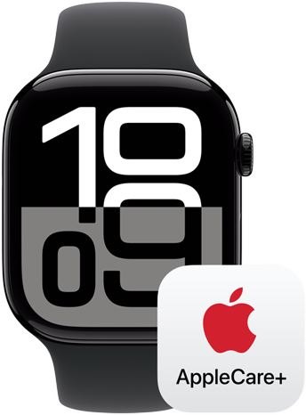 Het AppleCare+-logo naast een Apple Watch Series 10.