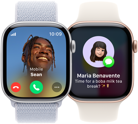 Een Apple Watch Series 10 waarop een telefoontje binnenkomt en een tweede Apple Watch Series 10 waarop een berichtje binnenkomt.